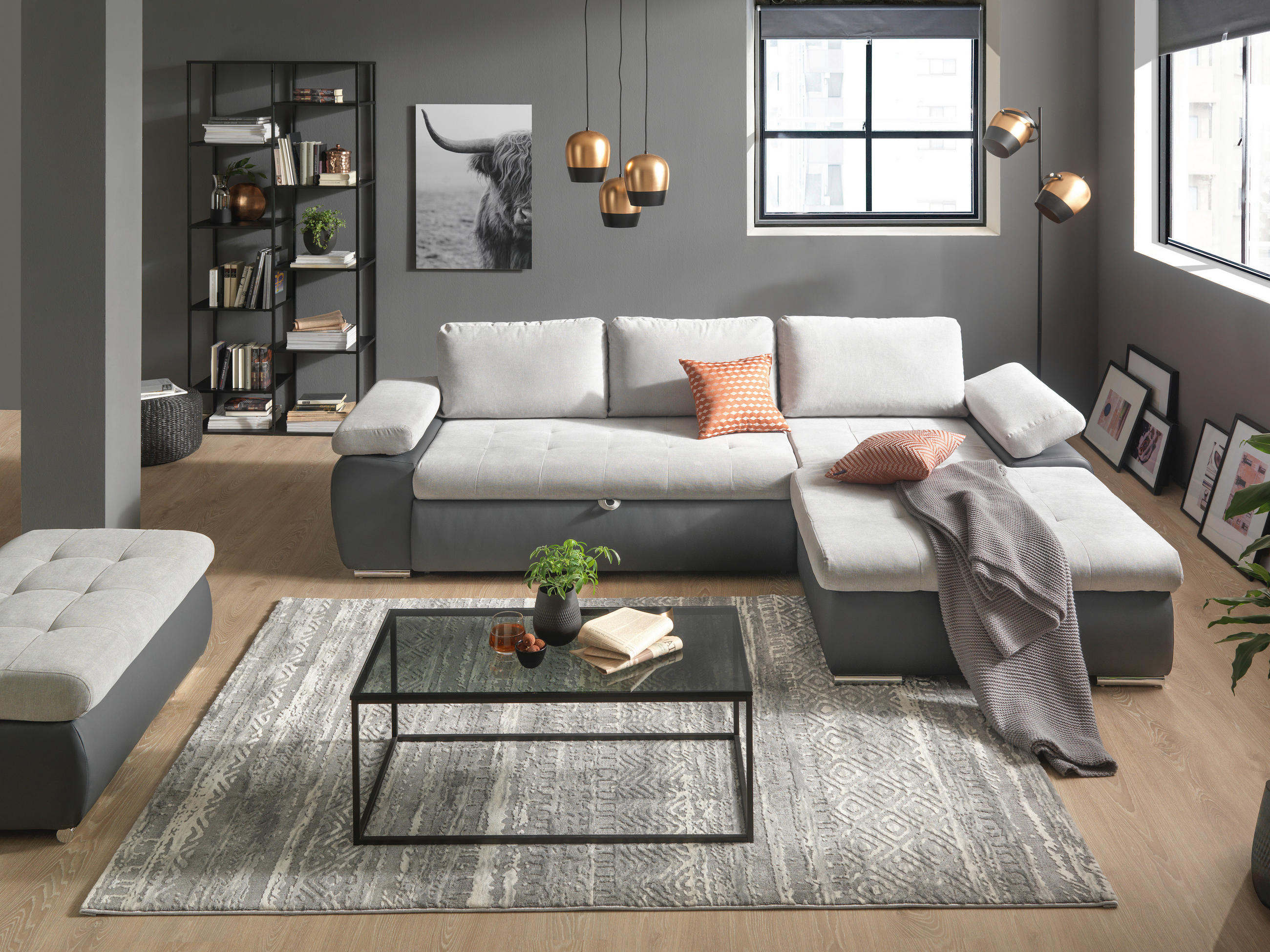 ECKSOFA in Flachgewebe Grau, Dunkelgrau  - Dunkelgrau/Grau, Design, Kunststoff/Textil (271/175cm) - MID.YOU