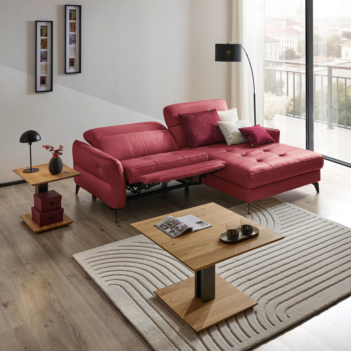 ECKSOFA inkl. Funktionen Rot Echtleder  - Rot/Schwarz, Design, Leder/Metall (246/175cm) - Celina Home