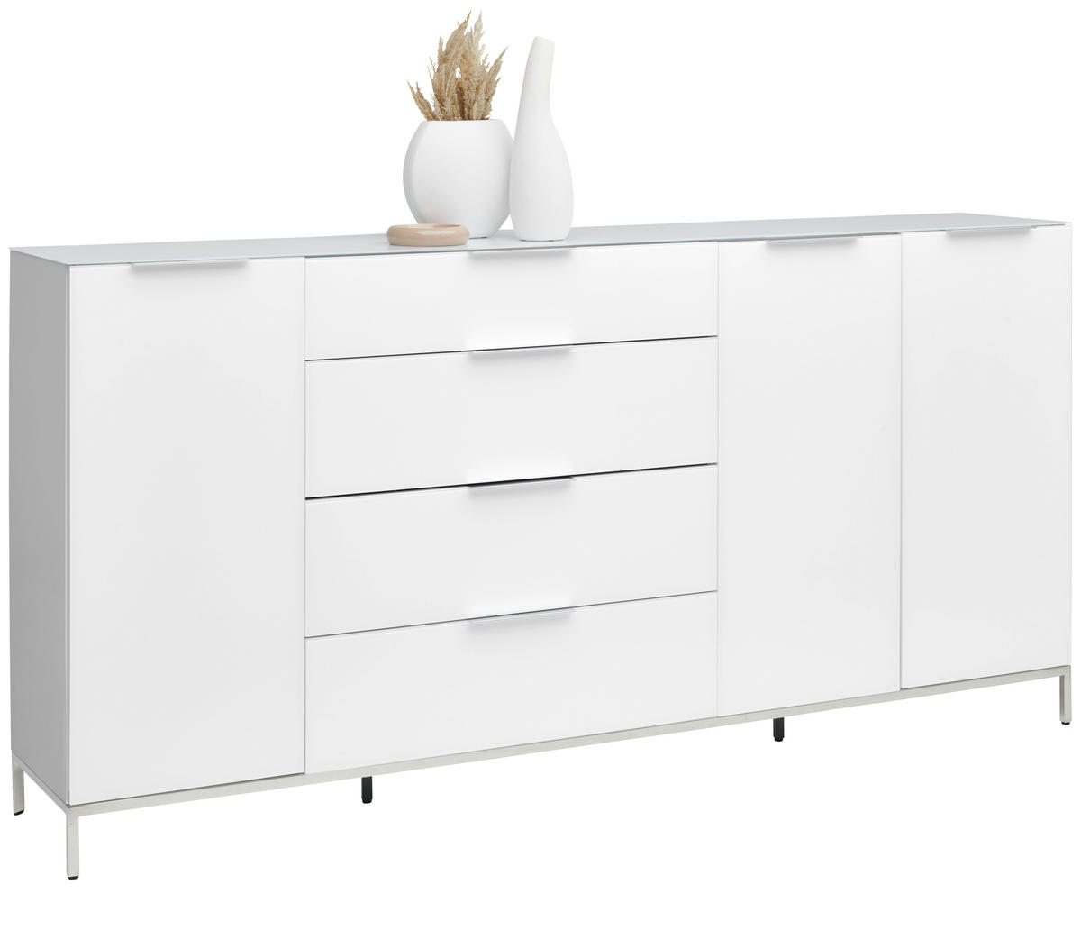 KOMODA, bela, visoki sijaj  - barve kroma/siva, Basics, kovina/umetna masa (225/101/40cm) - Voleo