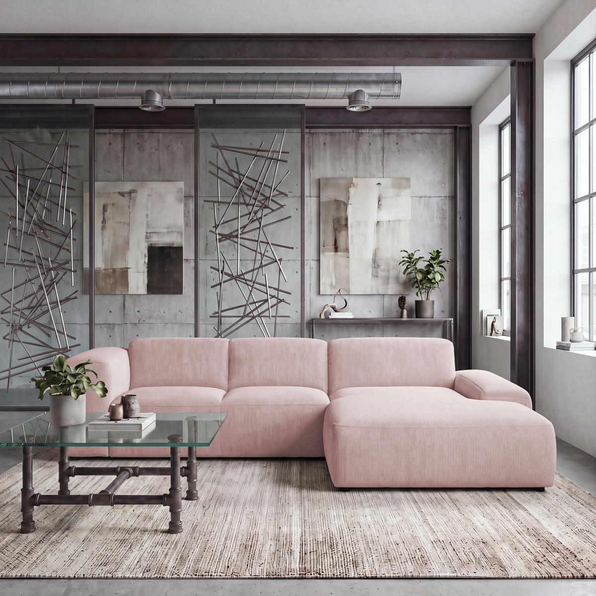 ECKSOFA 304/200 cm HANNAH in Cord Rosa  304/200 cm  - Schwarz/Rosa, Design, Kunststoff/Textil (304/200cm) - MID.YOU