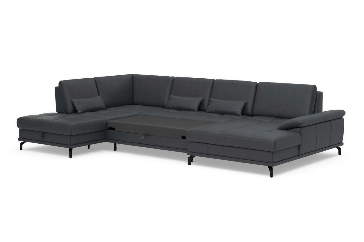 WOHNLANDSCHAFT COSTELLO E Schwarz Kombination Echtleder/Stoff Mikrofaser  - Schwarz, Basics, Leder/Textil (223/363/176cm) - Sit & More
