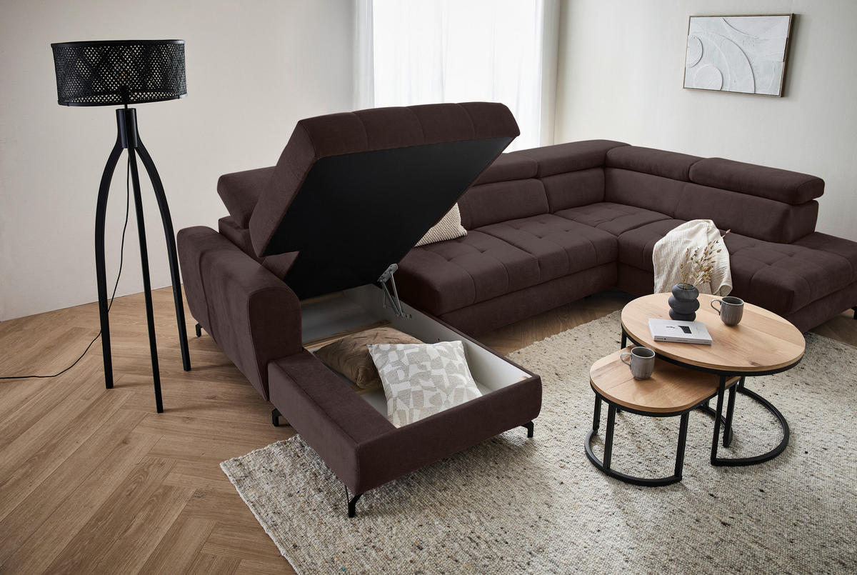 WOHNLANDSCHAFT Dunkelbraun Struktur  - Dunkelbraun/Schwarz, Design, Textil/Metall (177/327/203cm) - Stylife