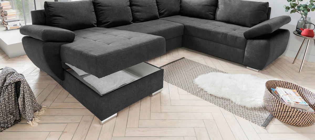 WOHNLANDSCHAFT Anthrazit Mikrofaser  - Chromfarben/Anthrazit, KONVENTIONELL, Textil/Metall (157/305/219cm) - Livetastic