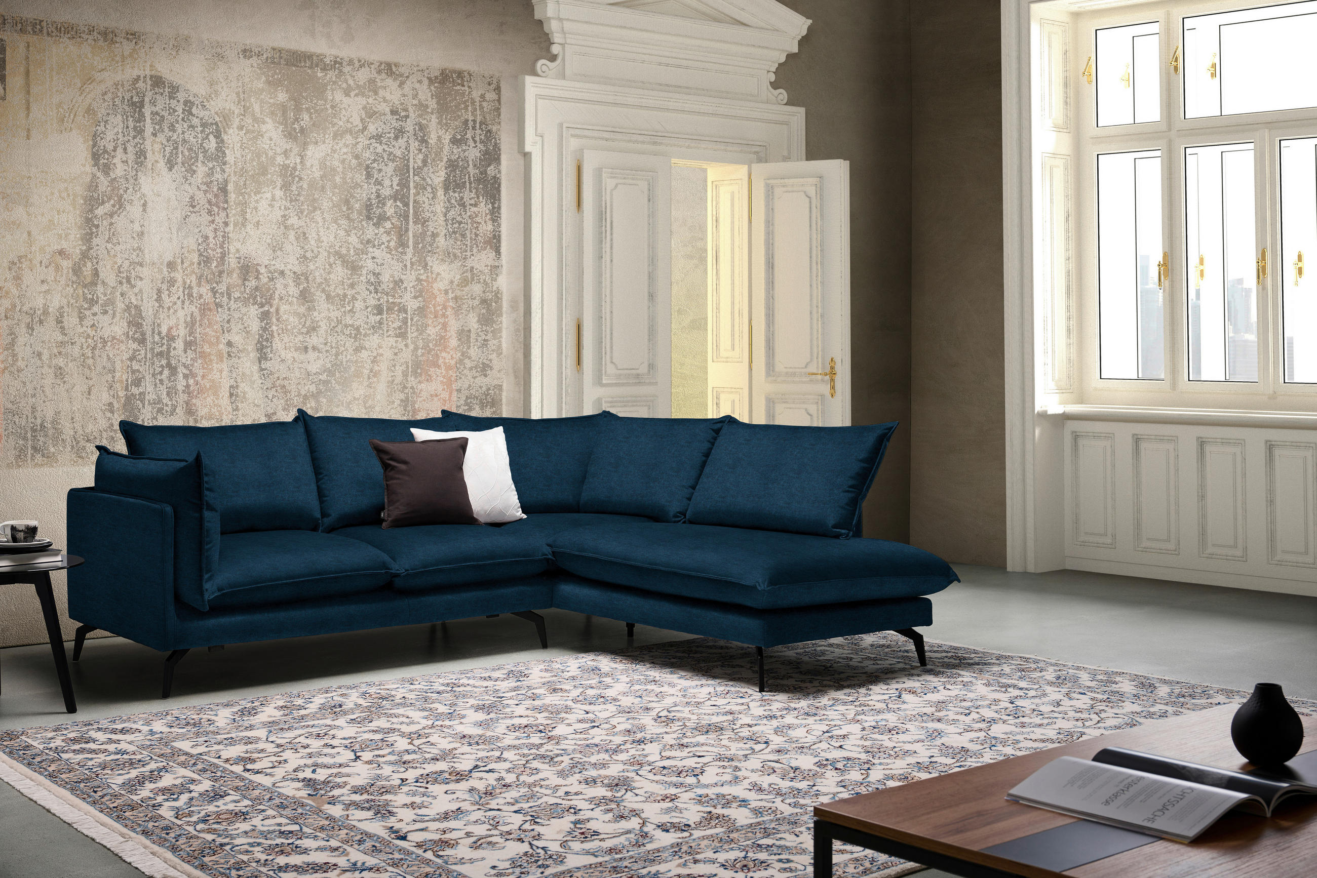 HÖRNSOFFA i sammet mörkblå  - svart/mörkblå, Design, metall/textil (241/200cm) - Carryhome