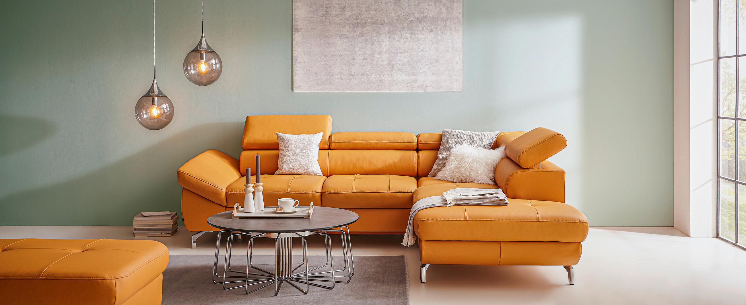 Thumbnail - Novel Ecksofa Amanda Exklusiv 0457, Currygelb, Leder, Echtleder, 5-Sitzer, L-Form, 270x220 cm, Lederauswahl, seitenverke...