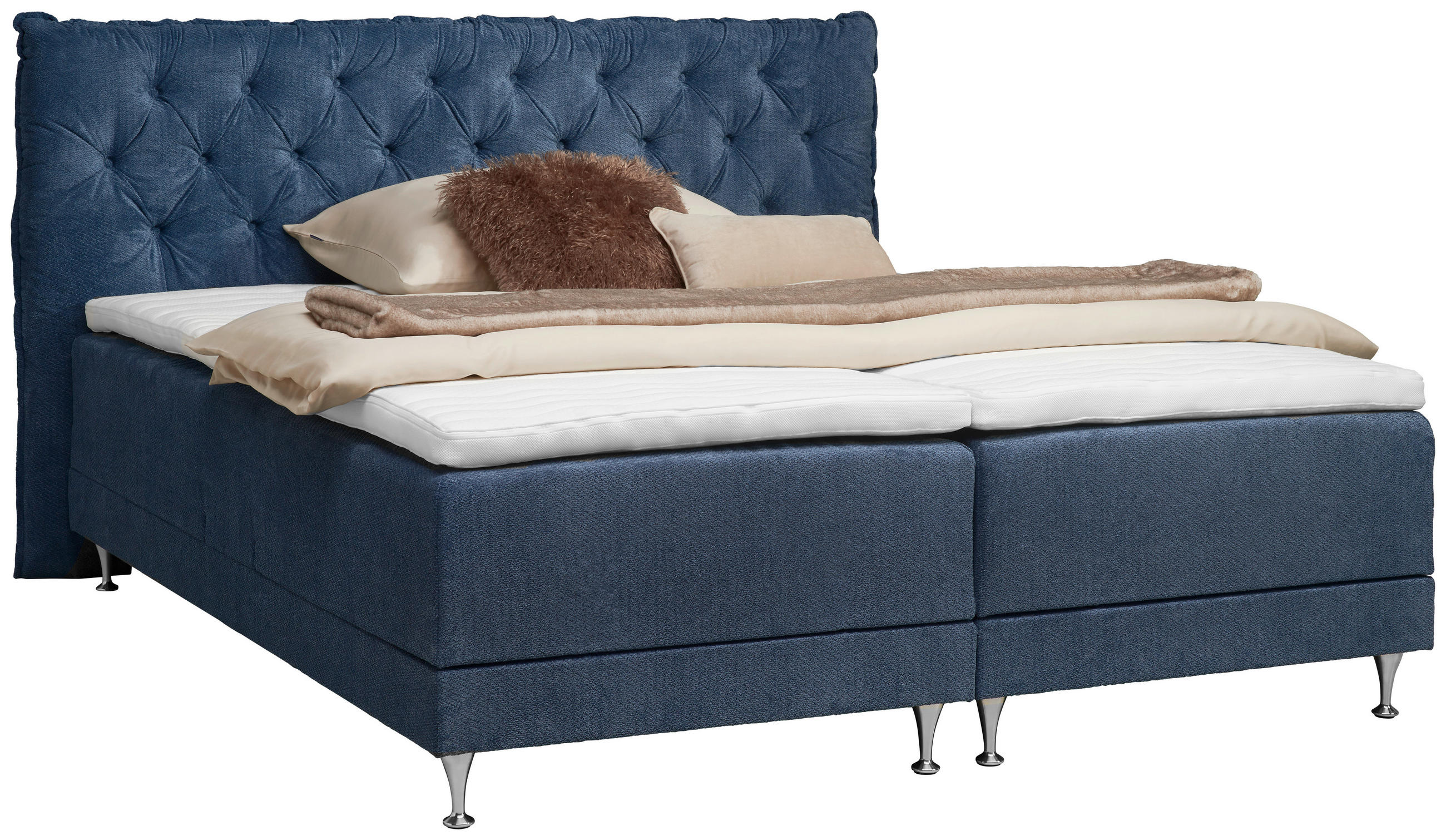 BOXSPRINGBETT 180/200 cm,  in Blau, Matratze, Lattenrost, Topper, H4 + H5 = sehr fest + hart  - Blau/Alufarben, Basics, Textil/Metall (180/200cm) - Welnova