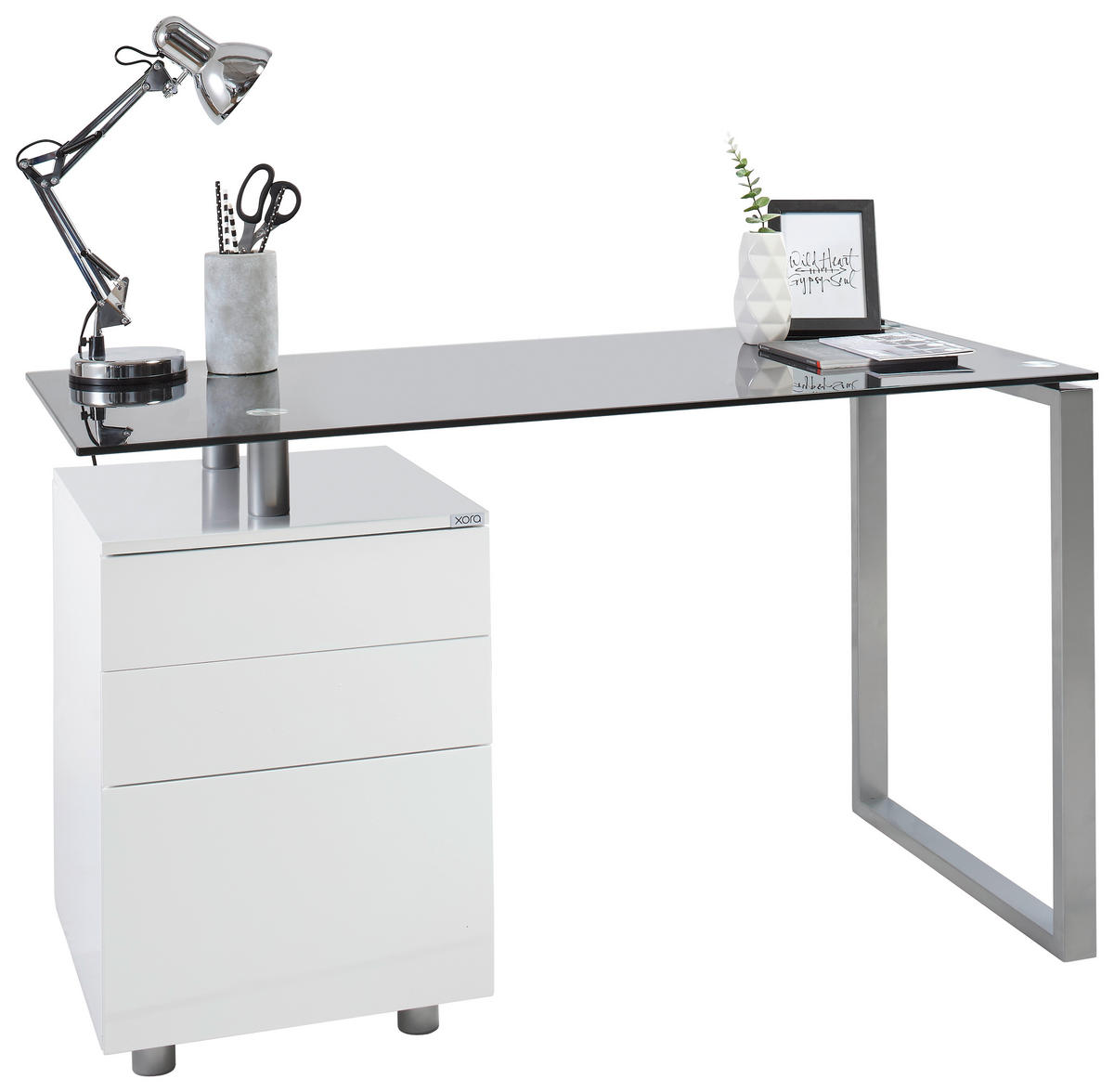 SCHREIBTISCH 130/62/76 cm  in Schwarz, Silberfarben, Weiß  - Silberfarben/Schwarz, Design, Glas/Holzwerkstoff (130/62/76cm) - Xora