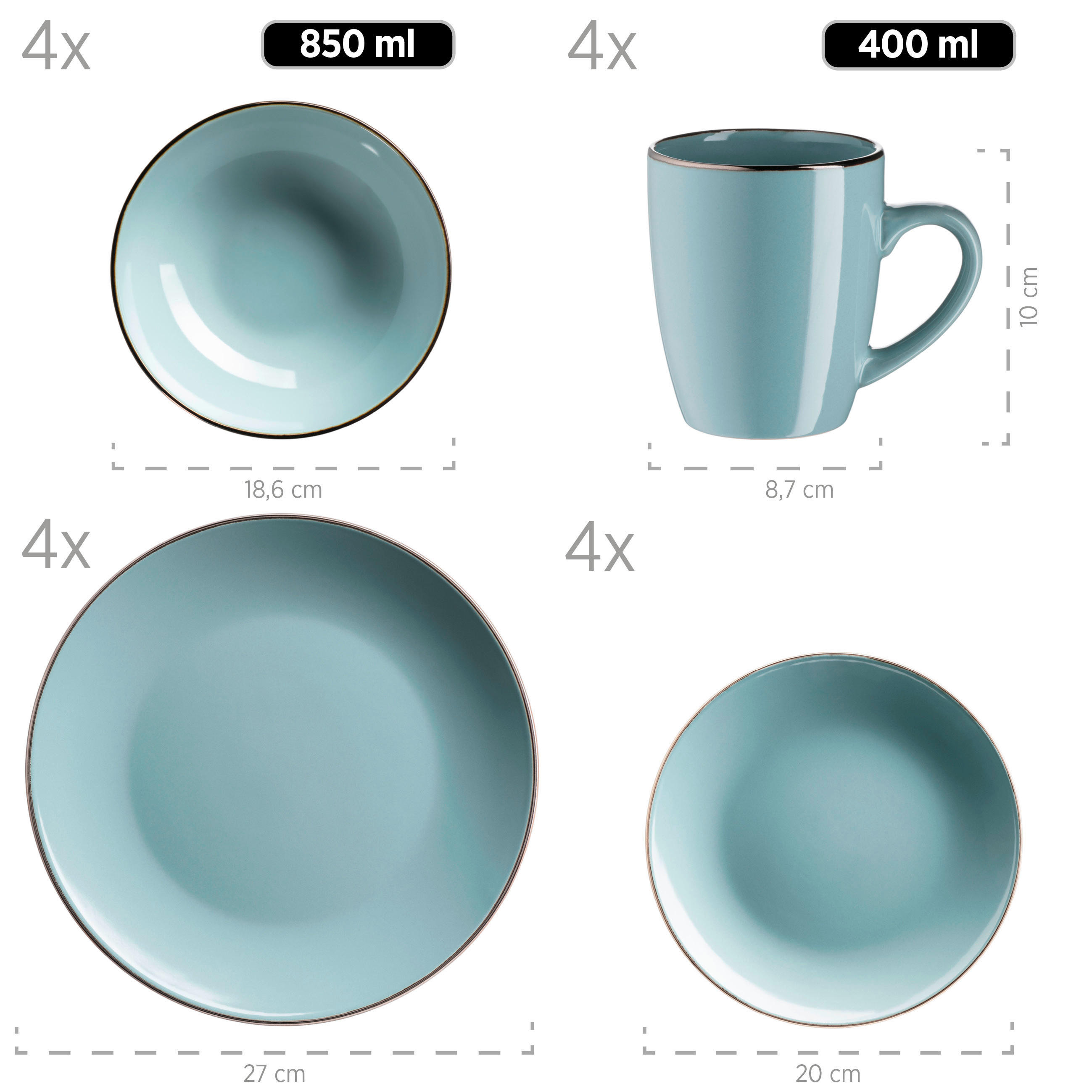 KOMBISERVICE Mintgrün 16-teilig Metallic Rim  - Mintgrün, Basics, Keramik - Mäser