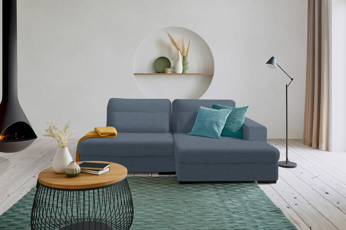 ECKSOFA in Cord, Velours Blaugrau  - Blaugrau/Schwarz, Design, Kunststoff/Textil (223/158cm) - Lomoco