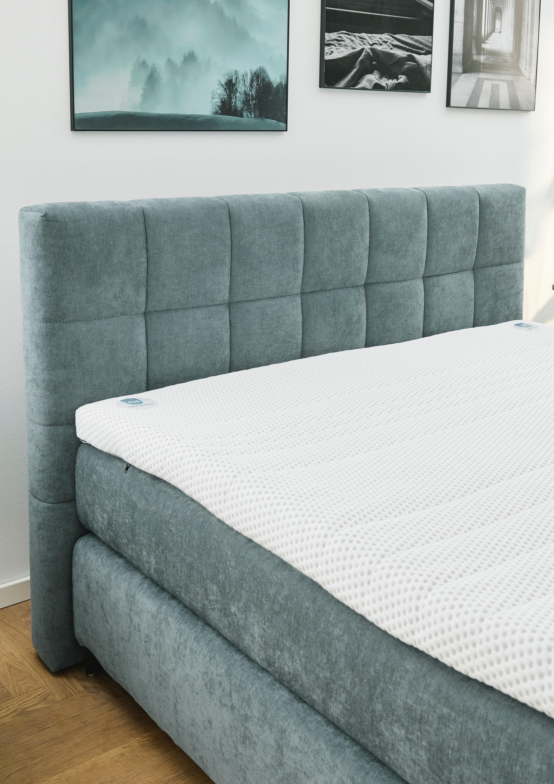 Thumbnail - Hukla Boxspringbett, Graublau, Textil, H2 + H4, 7-Zonen, Höhe ca. 21 cm, 160x200 cm, Goldenes M, Made in EU, gepolsterte...