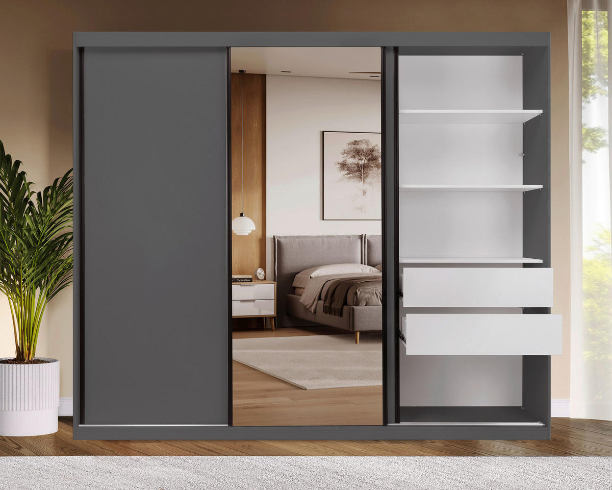 SCHIEBETÜRENSCHRANK 250/215/59,5 cm 3-türig Graphitfarben  - Graphitfarben/Schwarz, MODERN, Holzwerkstoff/Metall (250/215/59,5cm) - MID.YOU