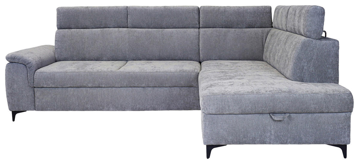 ECKSOFA Hellgrau Chenille Bettkasten, Schlaffunktion, Rücken echt, Kopfteilverstellung, Liegefläche im Originalstoff  - Hellgrau/Schwarz, KONVENTIONELL, Textil/Metall (265/206cm) - Carryhome