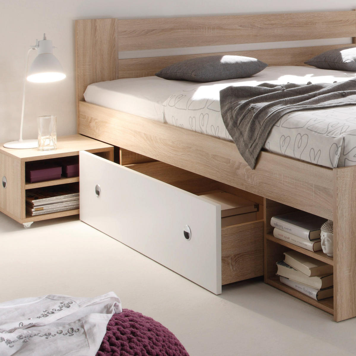 ZOSTAVA S POSTEĽOU, 140/200 cm, biela, farba duba - biela/farba duba, Design, kompozitné drevo (140/200cm) - Cantus
