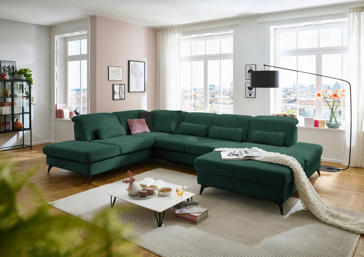 WOHNLANDSCHAFT  in Chenille Waldgrün  - Waldgrün/Schwarz, Design, Textil/Metall (255/364/198cm) - Beldomo Style