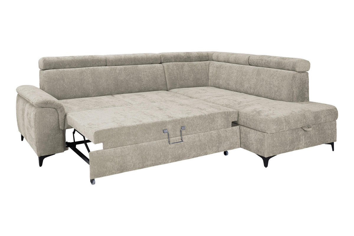 ECKSOFA Naturfarben Chenille Bettkasten, Schlaffunktion, Rücken echt, Kopfteilverstellung, Liegefläche im Originalstoff  - Schwarz/Naturfarben, KONVENTIONELL, Textil/Metall (265/206cm) - Carryhome