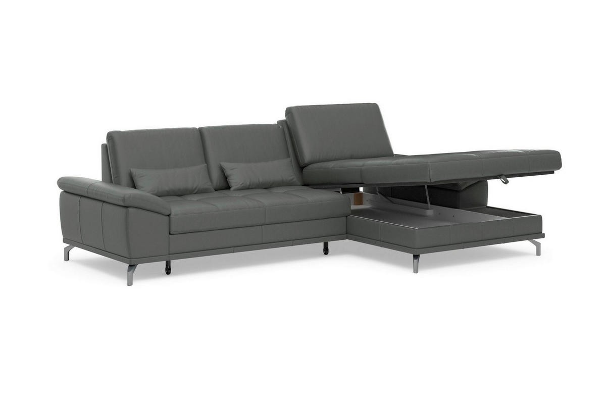 ECKSOFA COSTELLO E Anthrazit Kombination Echtleder/Stoff Mikrofaser Nierenkissen, Armteilverstellung, Sitztiefenverstellung, Bettkasten  - Anthrazit/Schwarz, Basics, Leder/Textil (301/176cm) - Sit & More