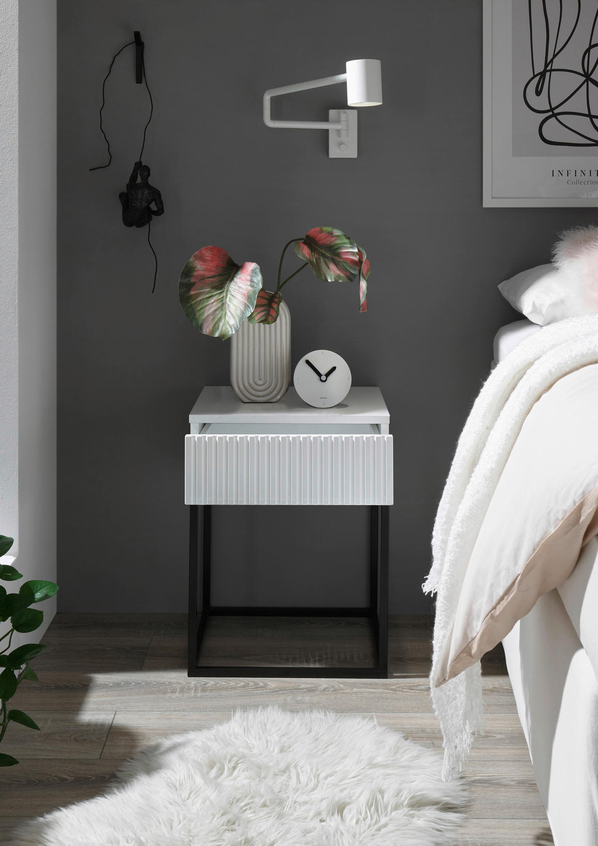 NOČNA OMARICA, črna, bela  - črna/bela, Moderno, kovina/leseni material (40/52/38,5cm) - Livetastic