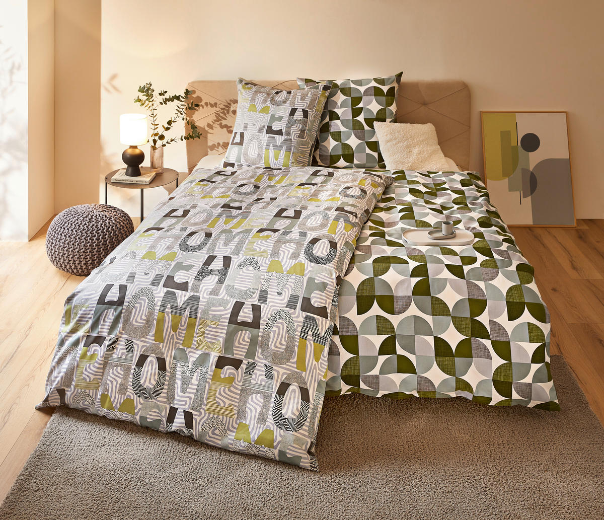 BETTWÄSCHE PALERMO Makosatin 135/200 cm  - Grau/Grün, Design, Textil (135/200cm) - Janine
