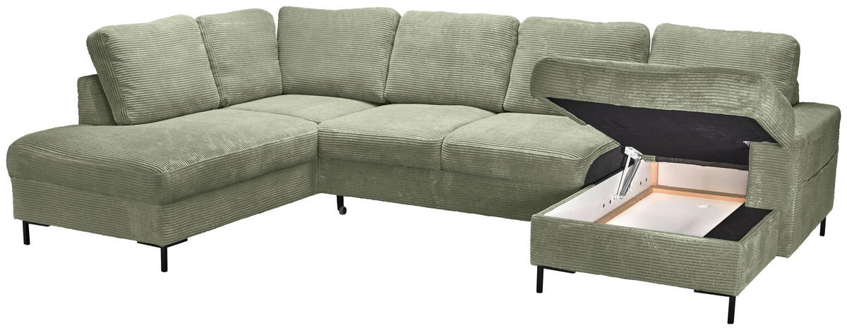 WOHNLANDSCHAFT Olivgrün Cord  - Schwarz/Olivgrün, KONVENTIONELL, Textil/Metall (197/303/148cm) - Carryhome