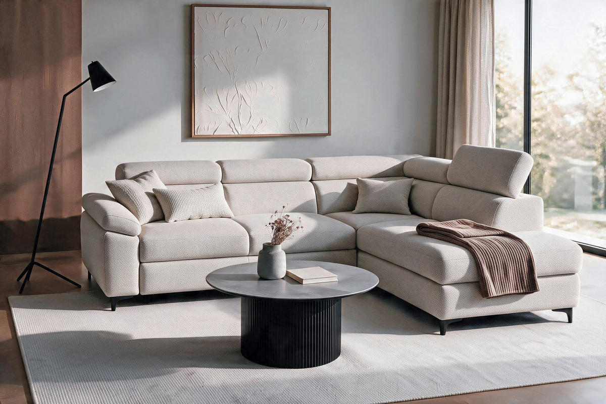 ECKSOFA inkl. Funktion COMBO Beige Flachgewebe Armteilverstellung, Liegefläche im Originalstoff, Kopfteilverstellung  - Beige/Schwarz, Design, Textil/Metall (266/206cm) - Stylife