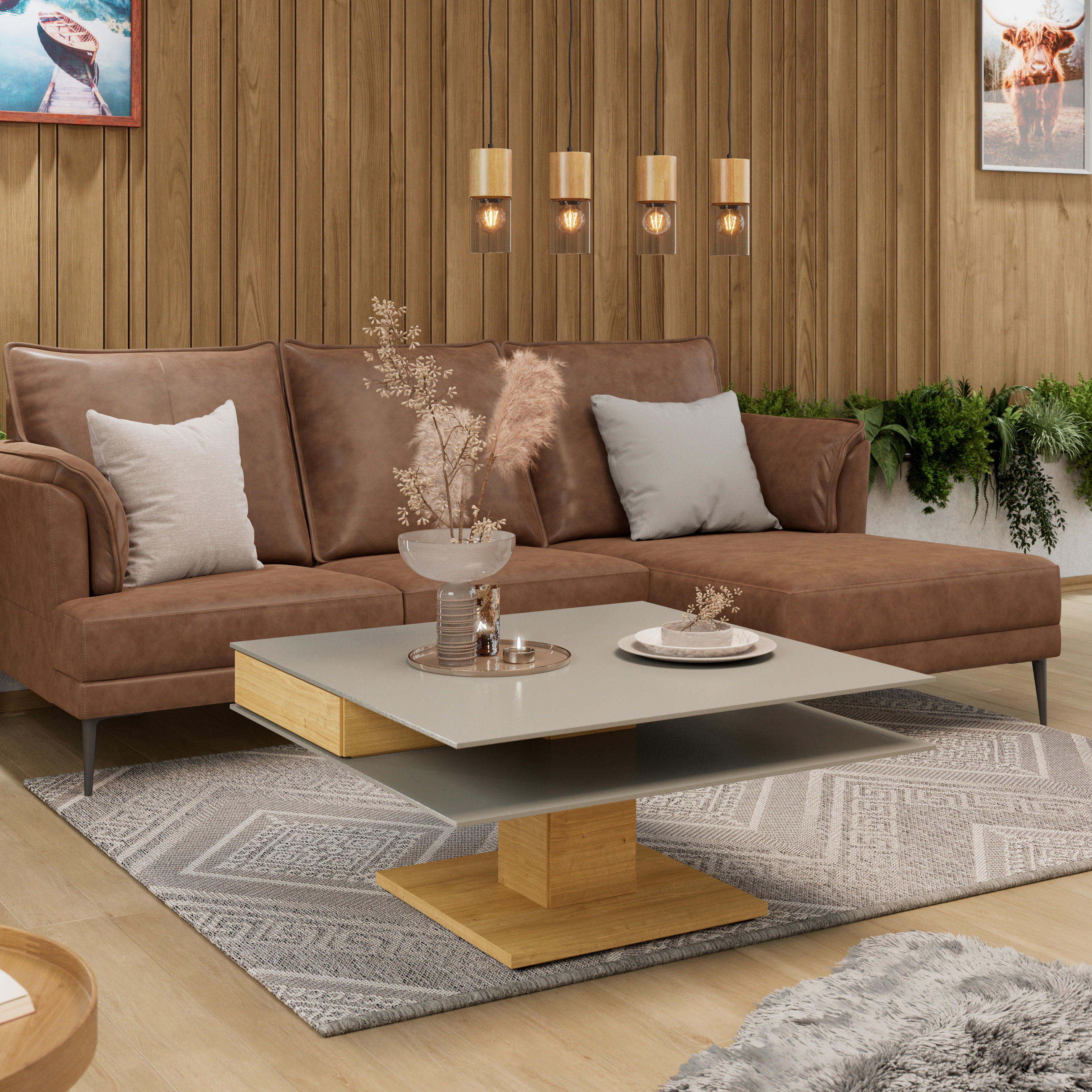 COUCHTISCH in Holz, Glas, Holzwerkstoff 90/90/43 cm  - Eichefarben/Grau, Design, Glas/Holz (90/90/43cm) - Voglauer