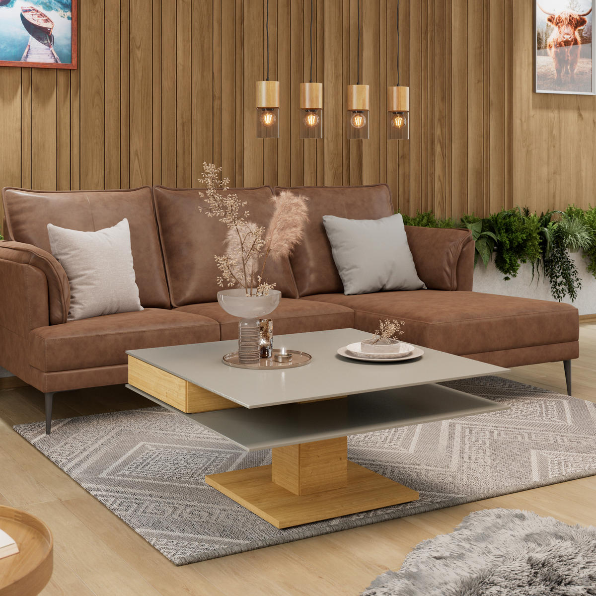 COUCHTISCH Wildeiche furniert, massiv Farbglas 90/90/43 cm quadratisch Grau, Eichefarben  - Eichefarben/Grau, Design, Glas/Holz (90/90/43cm) - Voglauer