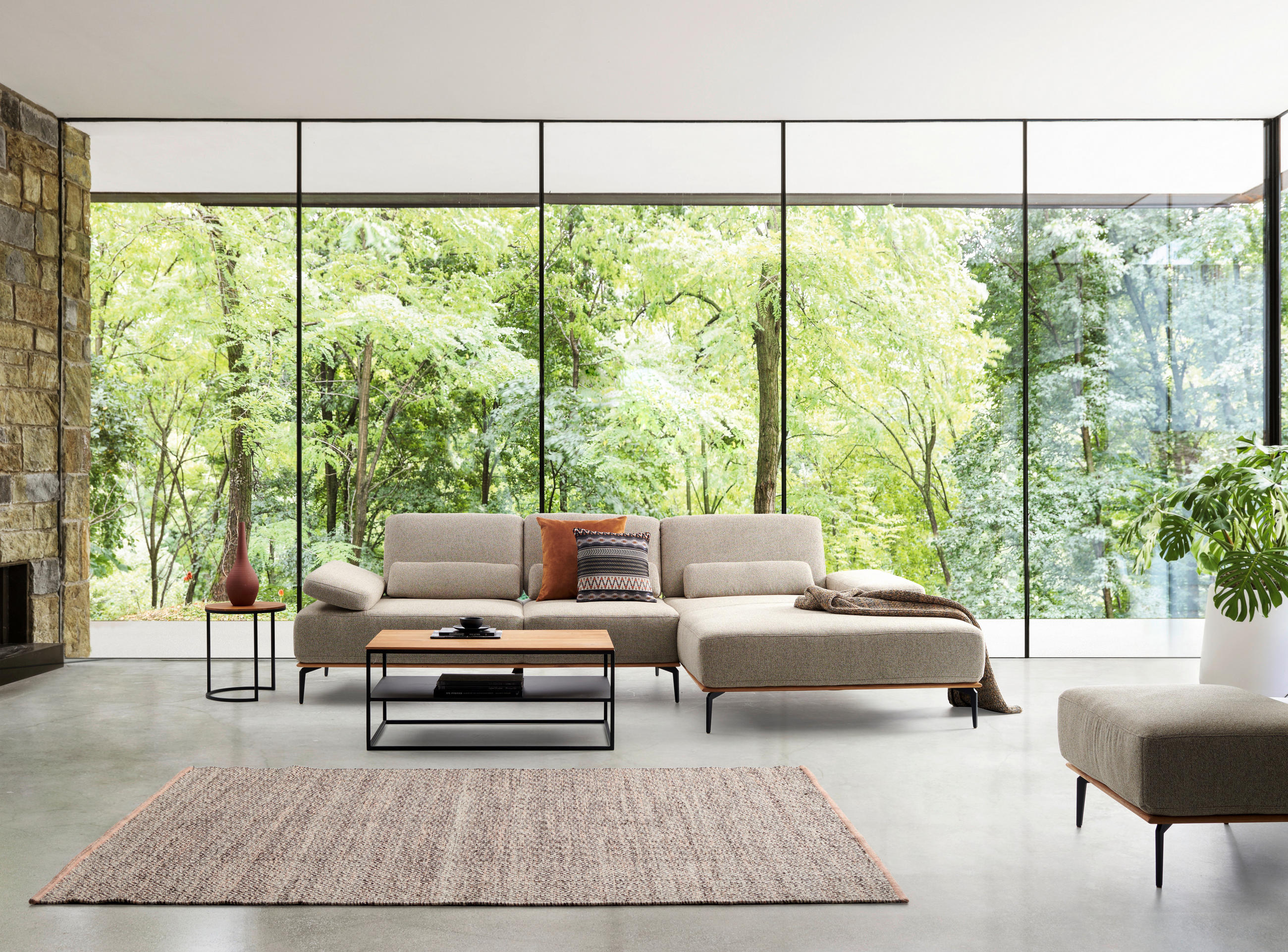 ECKSOFA in Flachgewebe Hellbraun  - Hellbraun/Schwarz, Natur, Holz/Textil (314/176cm) - Valnatura