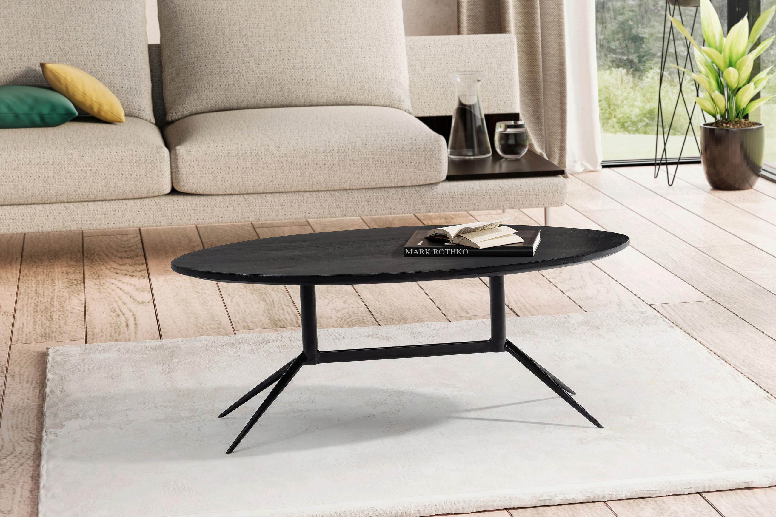 COUCHTISCH Mangoholz massiv 90/50/35 cm oval Schwarz  - Schwarz, Design, Holz/Metall (90/50/35cm) - MID.YOU