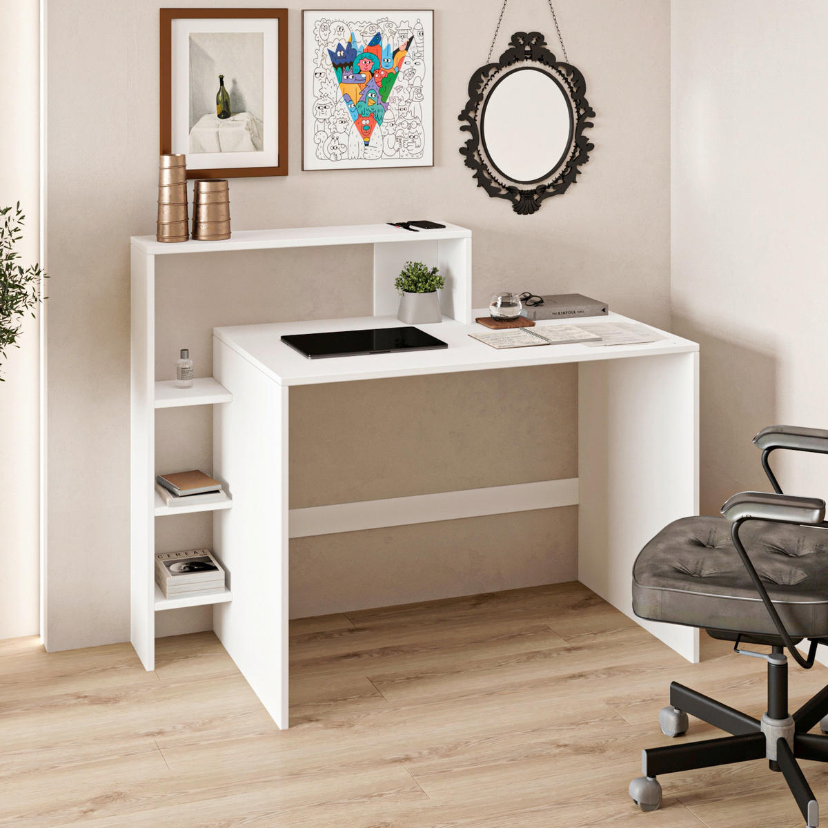 SCHREIBTISCHKOMBINATION  in Weiß  - Weiß, Design, Holzwerkstoff (120/55/96cm) - Livetastic