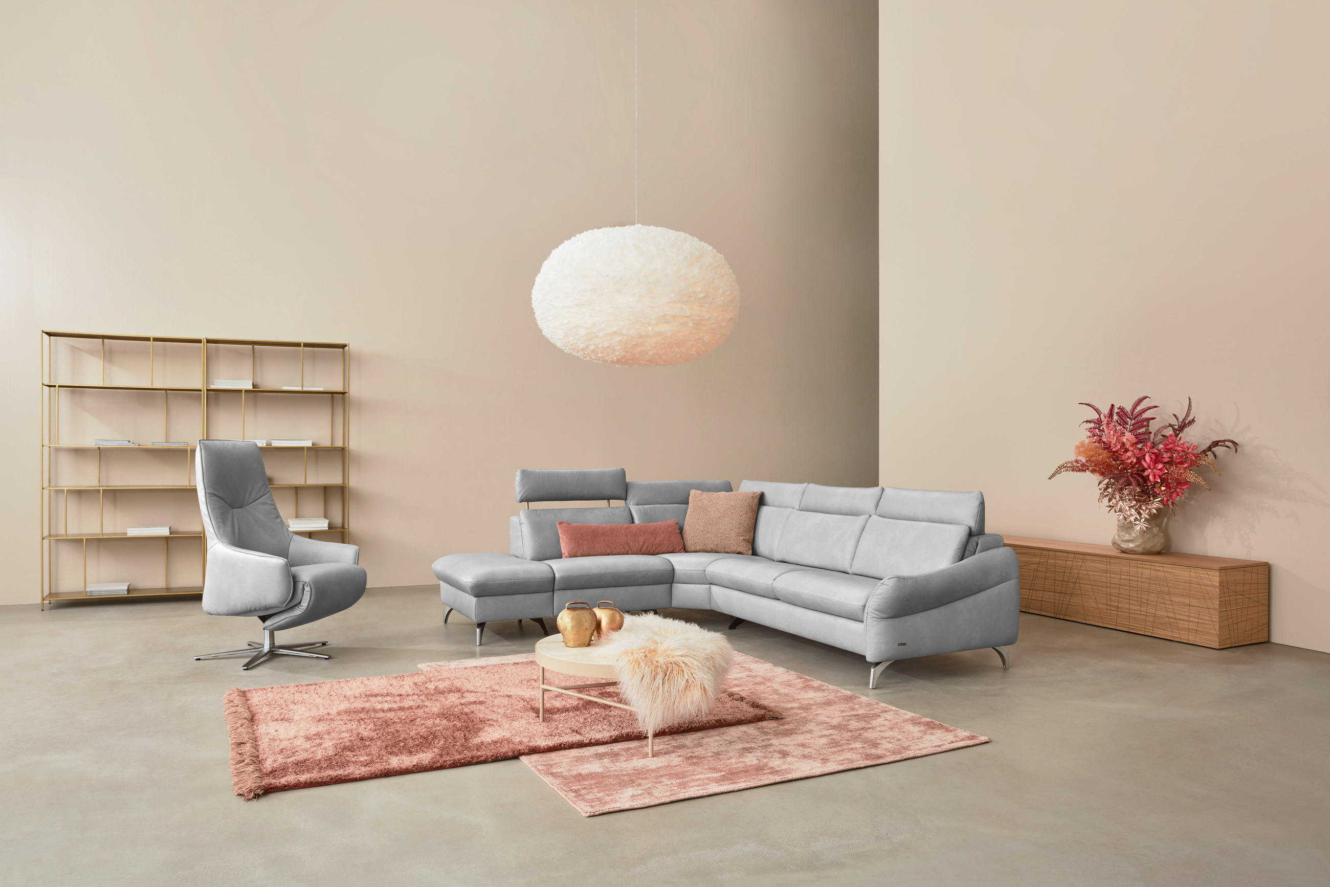 ECKSOFA in Echtleder Hellgrau  - Edelstahlfarben/Hellgrau, Konventionell, Leder/Metall (242/296cm) - Himolla Komfortklass