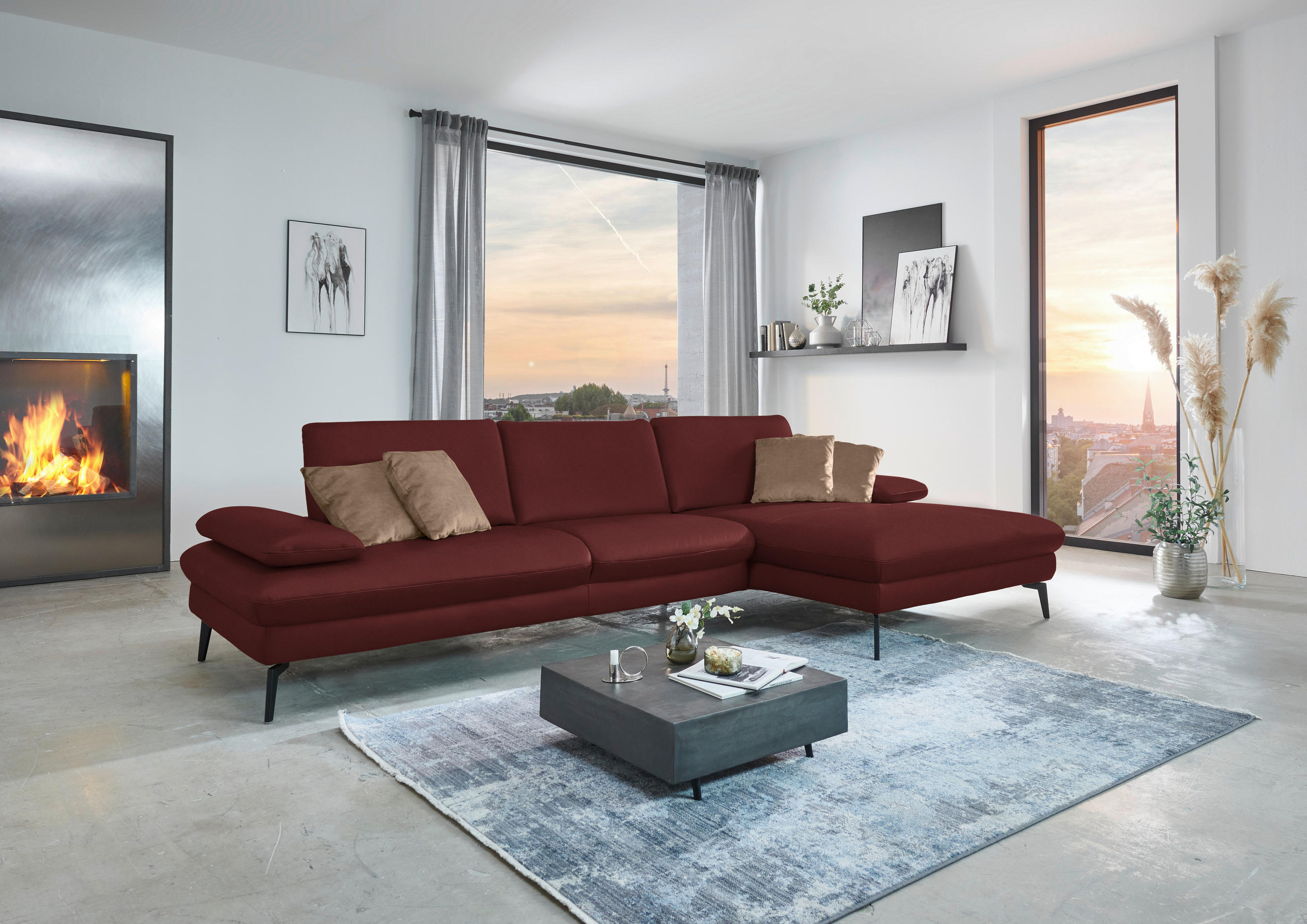 ECKSOFA in Echtleder Rot  - Rot/Schwarz, Design, Leder/Metall (325/157cm) - Dieter Knoll