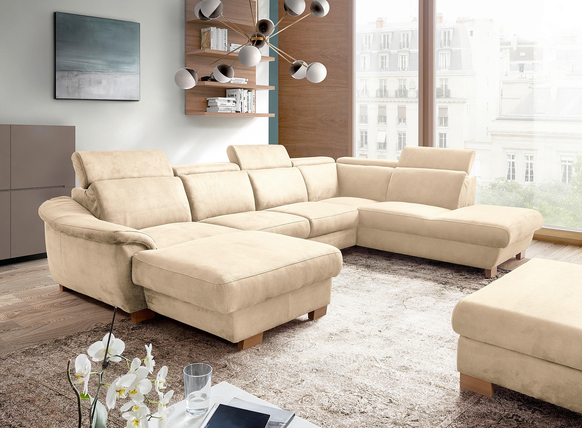 WOHNLANDSCHAFT Mikrofaser Beige  - Beige/Naturfarben, Design, Holz/Textil (238/347/273cm) - Livetastic