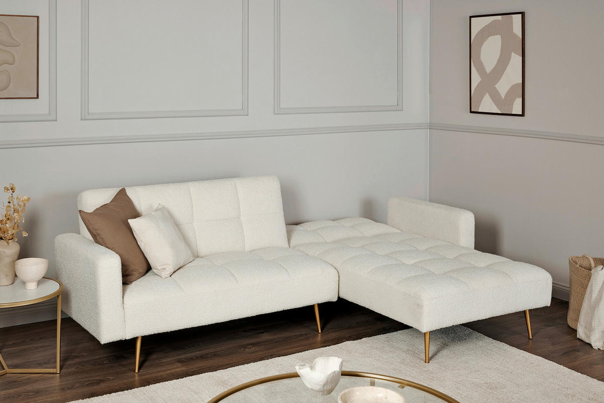 ECKSCHLAFSOFA CHILLAX POSH CORNER EU Elfenbein Bouclé  - Elfenbein/Goldfarben, MODERN, Holz/Textil (244/150cm) - Livetastic