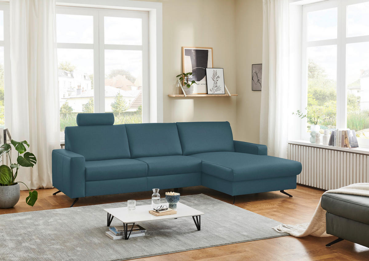 ECKSOFA in Echtleder Blau  - Blau/Schwarz, Design, Leder/Metall (267/165cm) - Beldomo Premium