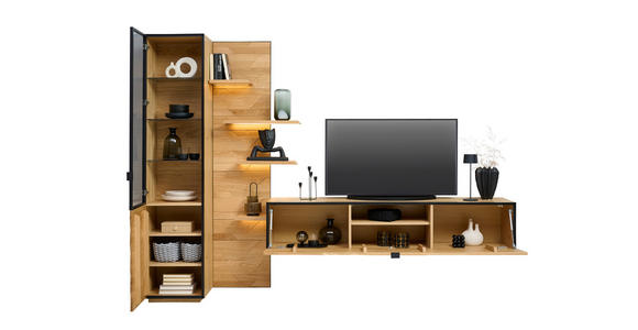 WOHNWAND  in Schwarz, Eichefarben  270/200/42 cm  - Wildeiche/Eichefarben, Natur, Glas/Holz (270/200/42cm) - Linea Natura
