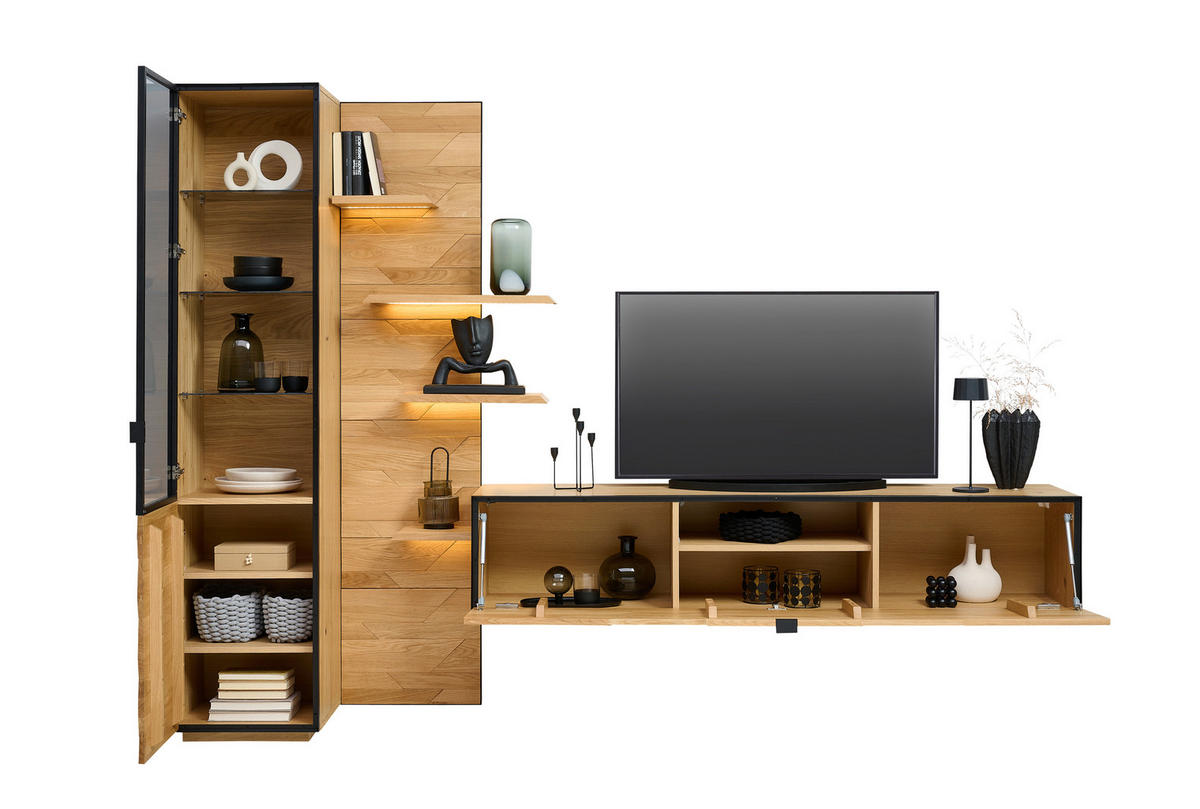 WOHNWAND  in Schwarz, Eichefarben 250/200/42 cm  - Wildeiche/Eichefarben, Natur, Glas/Holz (250/200/42cm) - Linea Natura