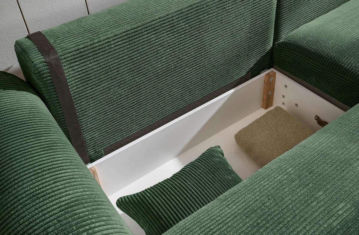 ECKSOFA in Cord Dunkelgrün  - Dunkelgrün/Schwarz, Konventionell, Kunststoff/Textil (255/185cm) - MID.YOU