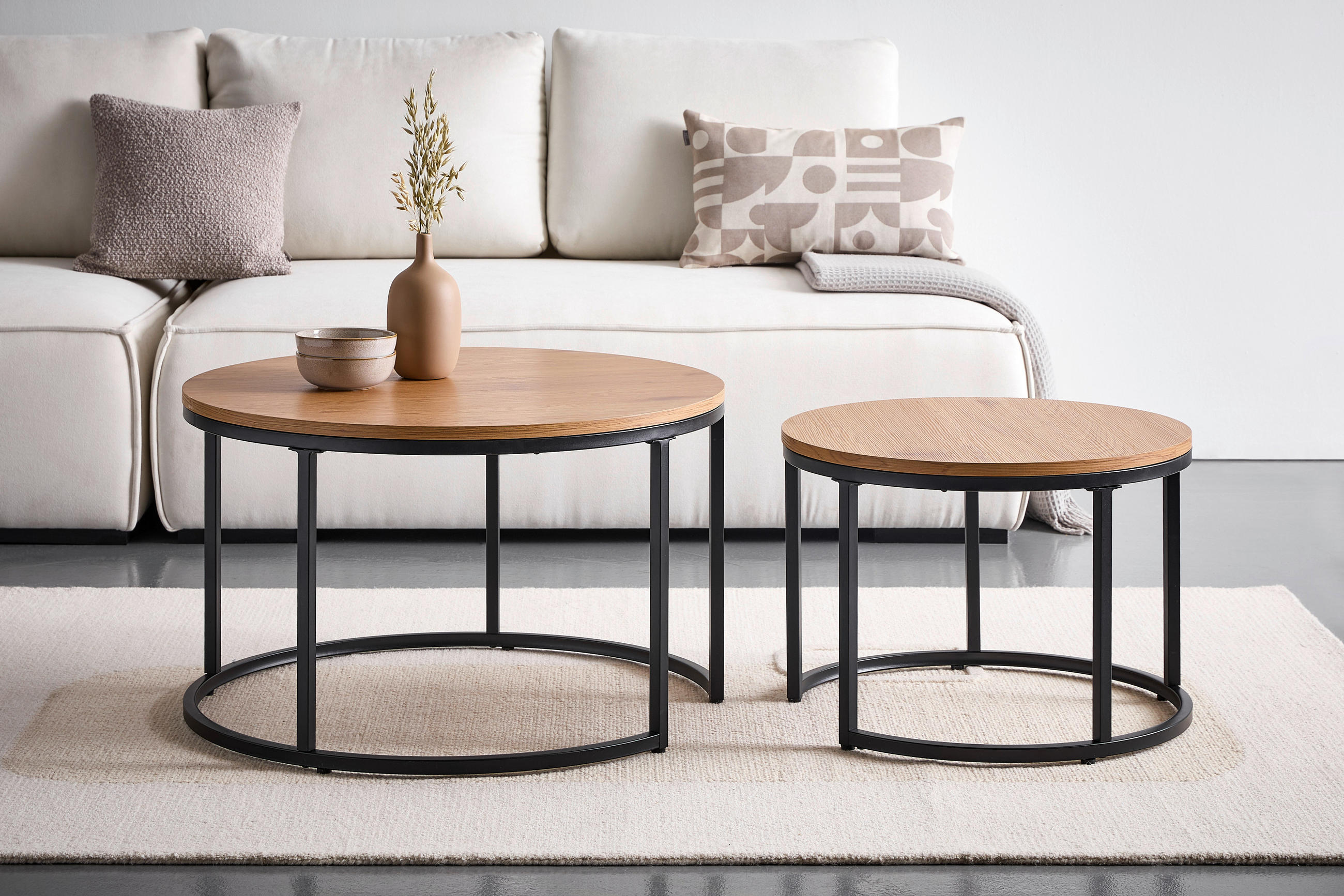 COUCHTISCHSET rund Schwarz, Naturfarben  - Schwarz/Naturfarben, Design, Holzwerkstoff/Metall (80/60/46/40/80/60cm) - Livetastic