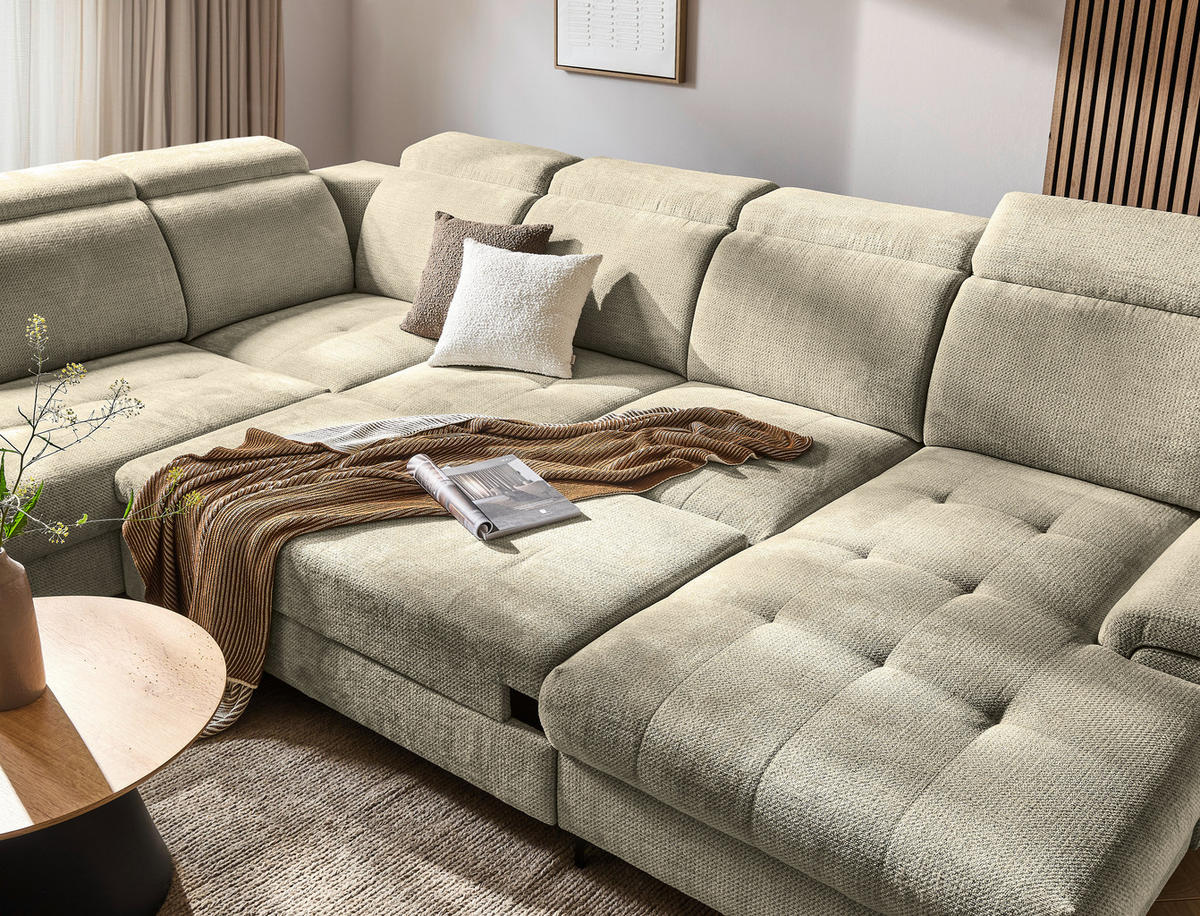 WOHNLANDSCHAFT - Beigebraun/Schwarz, Design, Textil/Metall (270/364/190cm) - Stylife