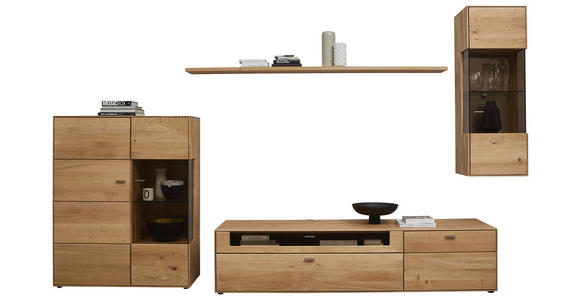 WOHNWAND  in Eichefarben  332,7/202,4/54,5 cm  - Edelstahlfarben/Eichefarben, KONVENTIONELL, Glas/Holz (332,7/202,4/54,5cm) - Valnatura