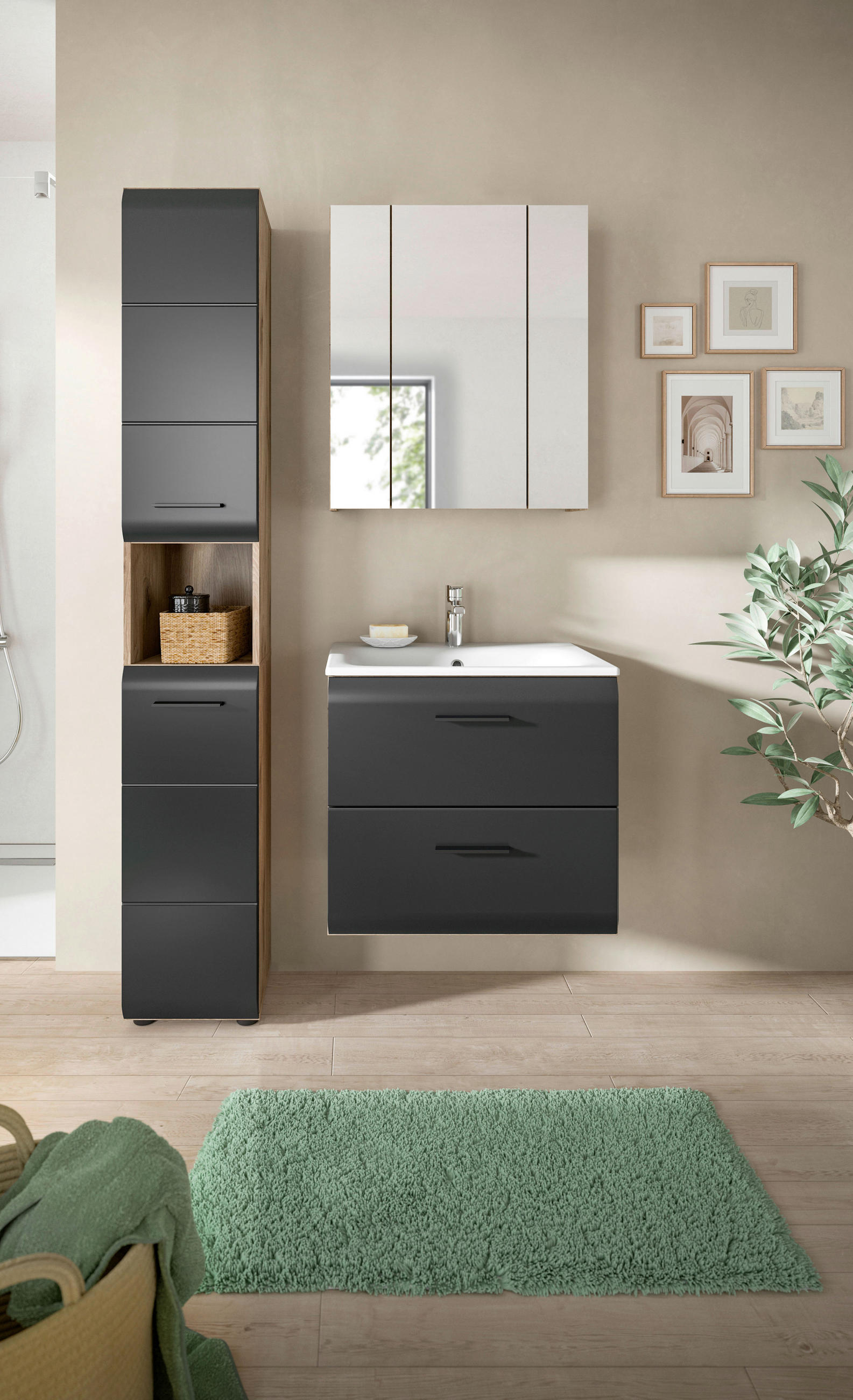 BADEZIMMER 3-teilig  in 90 cm  - Eiche dunkel/Schwarz, Basics, Keramik/Holzwerkstoff (90cm) - MID.YOU