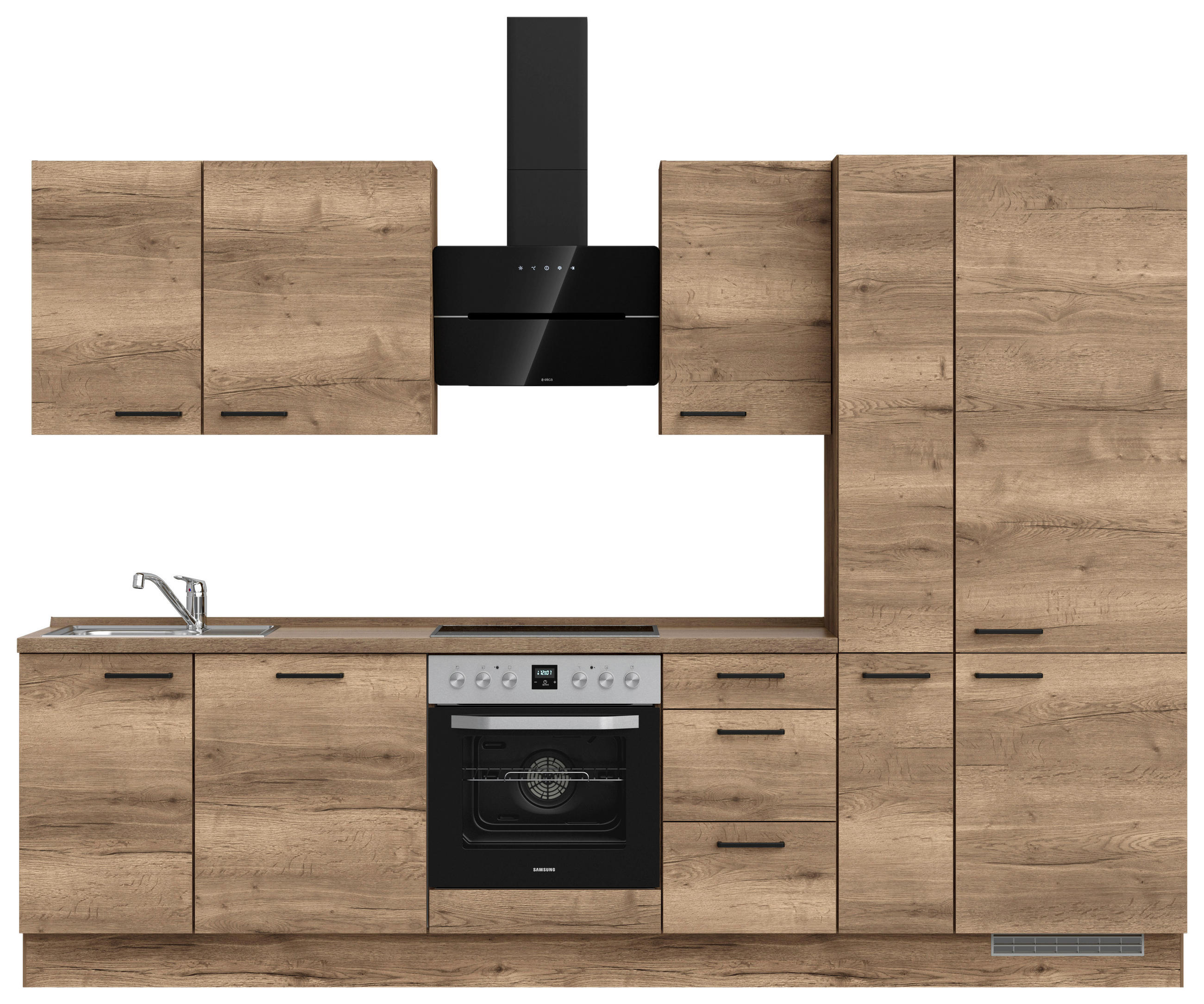 BUCĂTĂRIE FĂRĂ ELECTROCASNICE  - stejar închis la culoare/negru, Modern, metal/material pe bază de lemn (300cm) - Nobilia