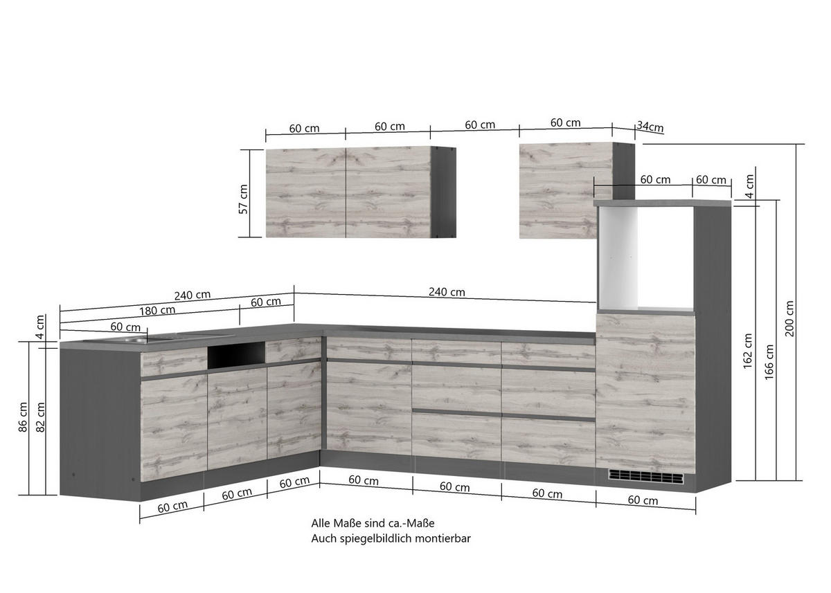 KÜCHENLEERBLOCK 300 cm   in Grau, Eiche Wotan  - Eiche Wotan/Grau, Design, Holzwerkstoff (300cm) - Held