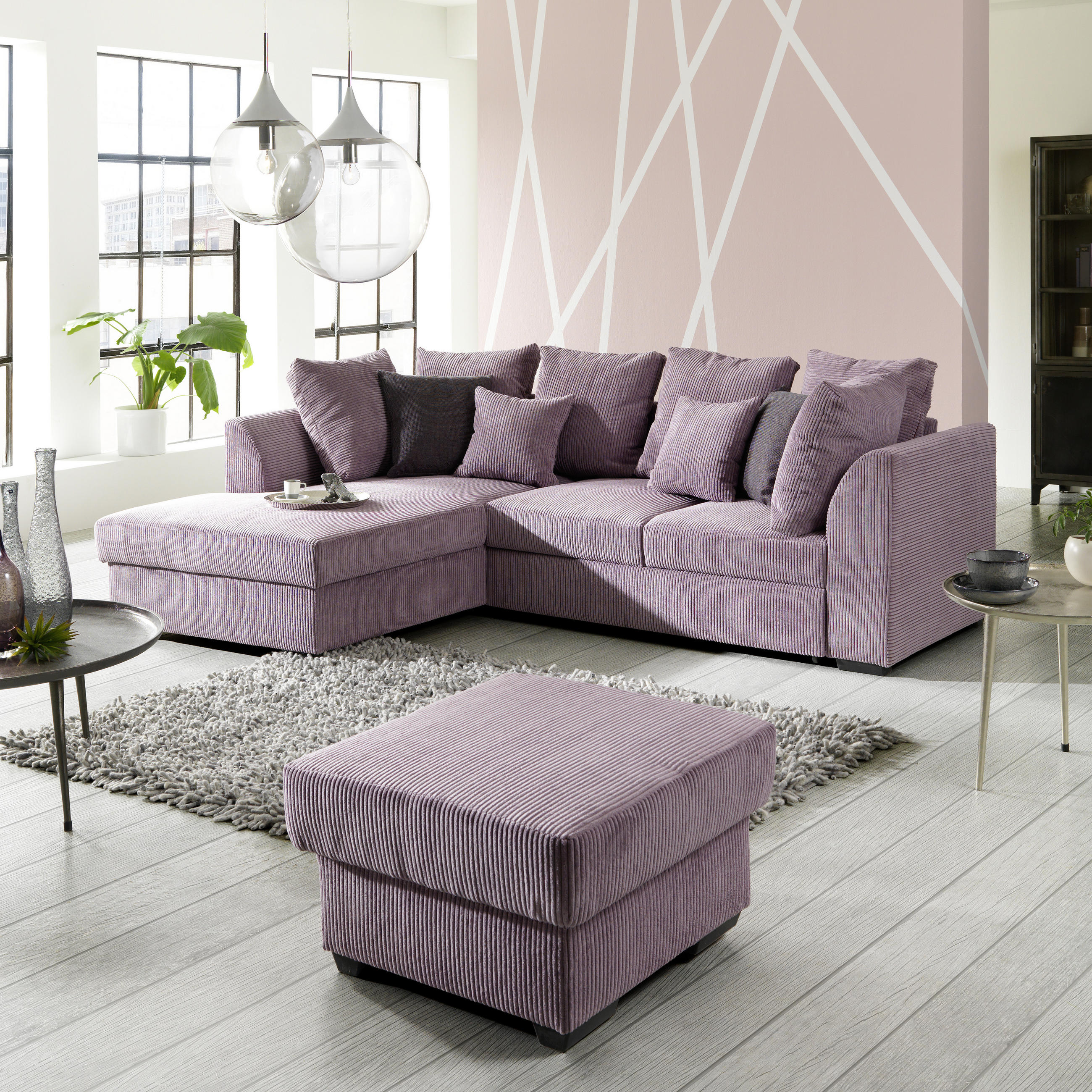 ECKSOFA inkl.Funktionen Pflaume Cord  - Pflaume/Schwarz, Design, Kunststoff/Textil (174/259cm) - Cantus
