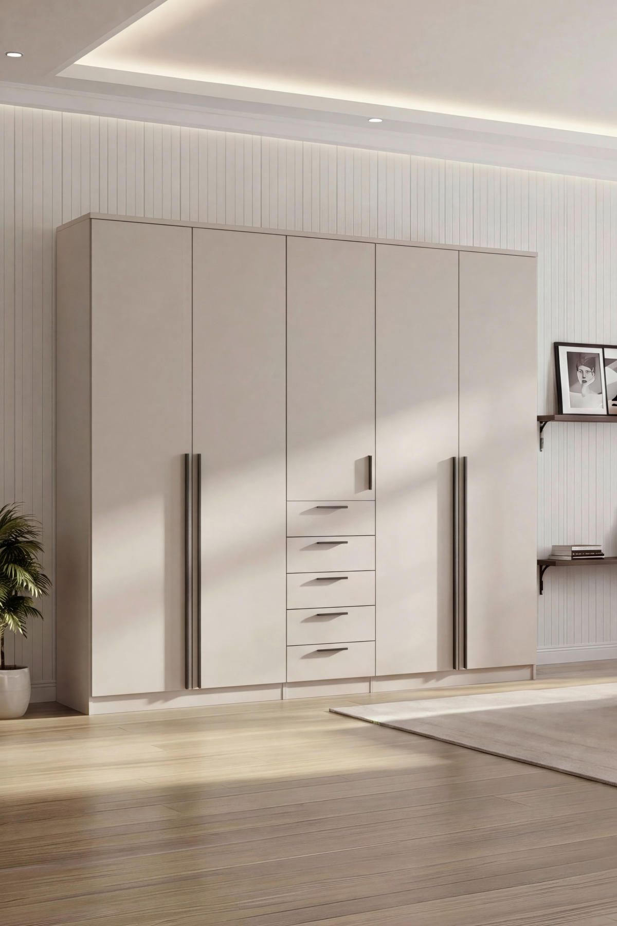 KLEIDERSCHRANK 225/210/52 cm,  in Kaschmir, 5 Tür(en)  - Kaschmir/Schwarz, KONVENTIONELL, Holzwerkstoff/Kunststoff (225/210/52cm) - Livetastic