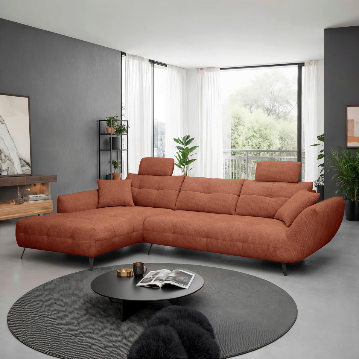 ECKSOFA Rostfarben Chenille Armlehnenkissen, Rücken echt, Sitztiefenverstellung  - Rostfarben/Schwarz, KONVENTIONELL, Textil/Metall (215/313cm) - Hom`in