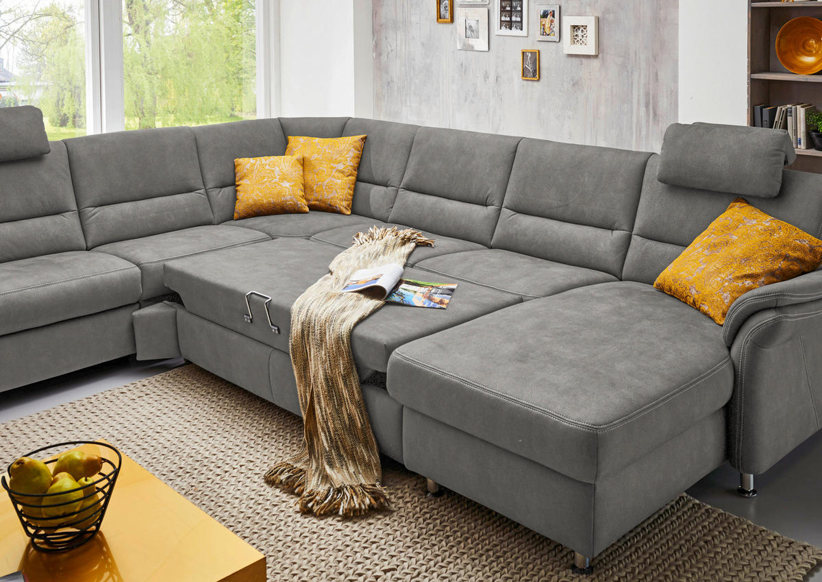 WOHNLANDSCHAFT in Mikrofaser Hellgrau  - Hellgrau/Alufarben, KONVENTIONELL, Textil/Metall (262/335/173cm) - Beldomo System