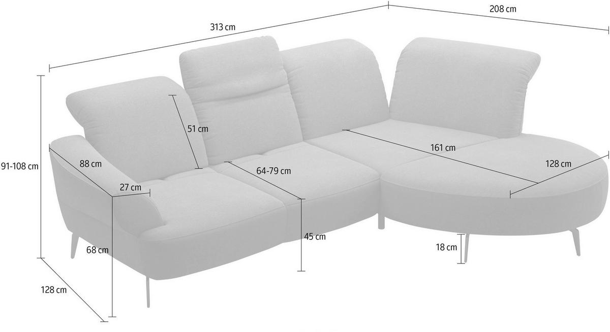 ECKSOFA in Flachgewebe Greige  - Greige/Schwarz, Modern, Textil/Metall (313/208cm) - Sit & More