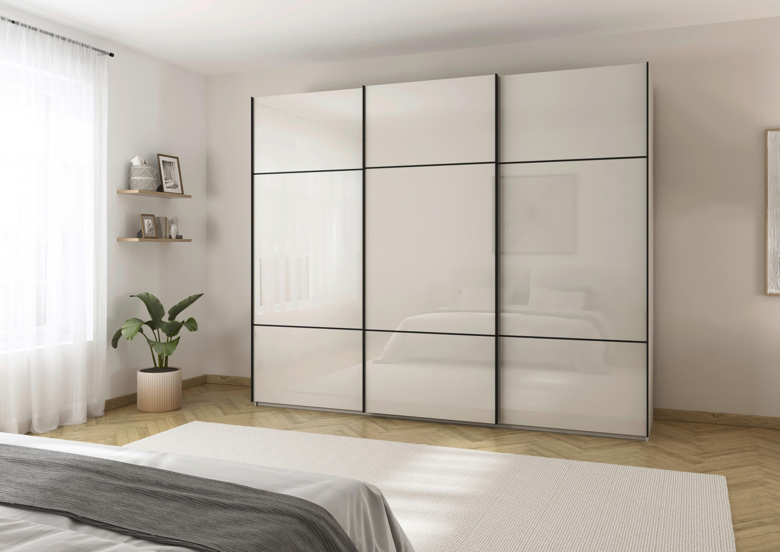 SCHWEBETÜRENSCHRANK 301/223/68 cm 3-türig Champagner  - Champagner/Schwarz, KONVENTIONELL, Glas/Holzwerkstoff (301/223/68cm) - Novel