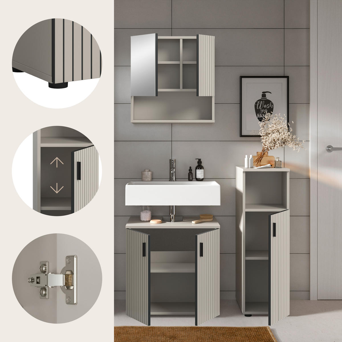 BADEZIMMER 3-teilig  in 90 cm  - Kaschmir/Schwarz, Trend, Glas/Holzwerkstoff (90cm) - MID.YOU
